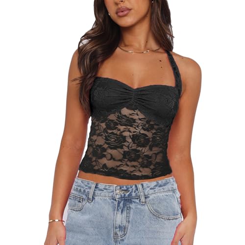 Women Y2k Lace Halter Neck Crop Tops Sexy See Through Going Out Tops Cute Backless Sheer Tank Mesh Cami Shirt - Main Image