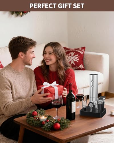 Image of CIRCLE JOY Electric Wine Opener Rechargeable, 6-in-1 Stainless Steel Electric Cordless Wine Bottle Opener with Pourer & Foil Cutter, 2 Vacuum Preservation Stoppers and Base, Gift for Home, Party, Bar