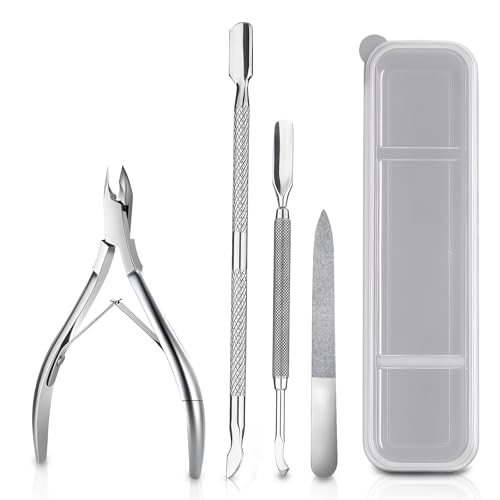Set Manicura y Pedicura Profesional 4 en 1 – Cortacutículas, Lima de Uñas y 2 Empujadores de Cutículas de Acero Inoxidable – Kit Corta Uñas Adulto, Removedor de Cutículas, Ideal para Viaje