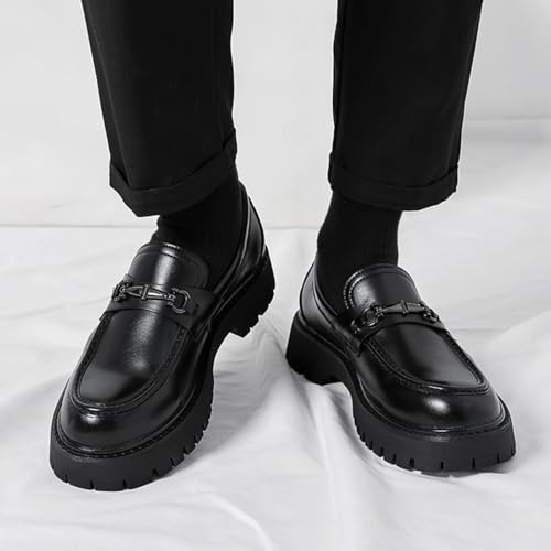 Image of Mens Patent Leather Slip-On Platform Dress Horsebit Loafer Low Heels Round Toe Non-Slip Penny Shoes for Formal Business Wedding