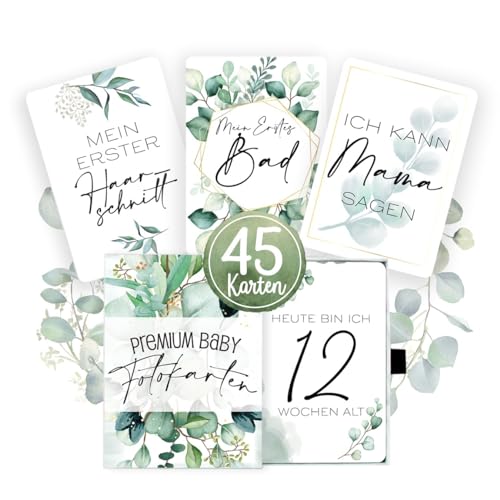 45 Baby Meilenstein-Karten im Eukalyptus Design für Jungen & Mädchen mit hochwertiger Verpackung von Cozy Racoon - Meilensteinkarten als Geschenk zur Geburt, Babyparty, Schwangerschaft