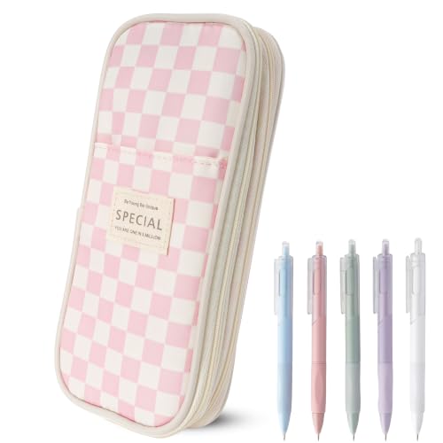 Image of Large Capacity Pencil Case Pouch with 5 Black Gel Pens (Pink plaid) | Expandable, Water-resistant, 4-compartment design, Versatile, Quality materials, Cute style, 0.5mm gel pens