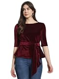 Vaararo Camiseta de fiesta para mujer con cintura frontal | Traje elegante de terciopelo brillante, Granate, 44