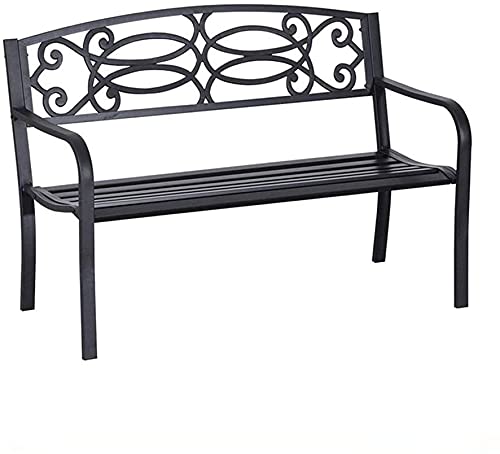 ガーデンベンチ アウトドアベンチ パティオベンチ、フロントポーチ家具、50インチ テラスパークガーデンベンチ アウトドアメタルベンチ、アームレストと背もたれキャス付きポーチチェア、ブラックチェア+クッション、ブラックチェア+クッション