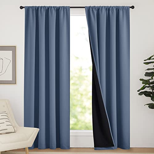 NICETOWN 100% Blackout Curtains 84 inches Long, Energy Smart & Noise Blocking Out Drapes for Baby Room Window, Thermal Insulated Guest Room Lined Window Dressing(Stone Blue, 52 inches Wide, 2 Panels)