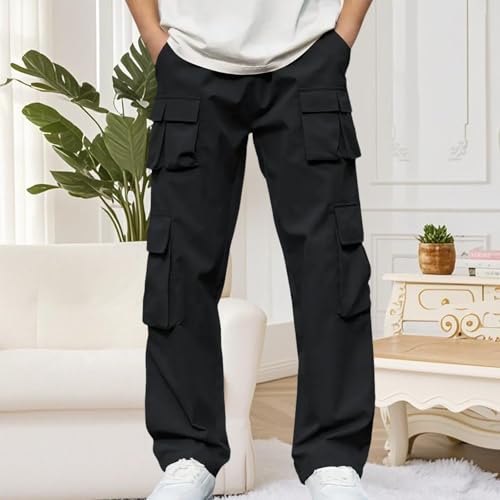 DESKABLY Mens Lightweight Cargo Pants Solid Color Casual Wide Leg Pants Fashion Elastic Waist Hiking Travel Trousers Pockets4