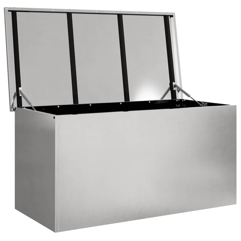 Contenitore metallico per cuscini da giardino, in acciaio, 100 x 50,5 x 50 cm, colore argento, resistente alle intemperie, con sollevamento a gas, salvaspazio, impilabile, versatile, per