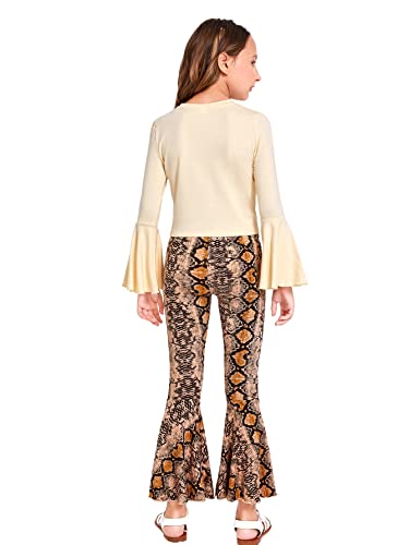 Image of WDIRARA Girl's 2 Piece Flounce Sleeve Top and Leopard Print Bell Leg Bottom Pants Set Multicolored 11-12Y