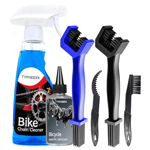 Bike Chain Cleaner 6 in 1 TYPHEERX Bicycle Cleaning Kit 500ml Cleaning Spray 100ml Lube With Brushes Scrubber Cleaning Brush Tool Motorcycle Chain Brush for Bicycle Chainrings Rear Cogs