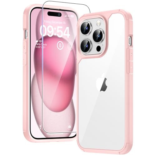 Image of TAURI 5 in 1 for iPhone 15 Pro Max Case, with 2X HD Screen Protectors + 2X Camera Lens Protectors, [Military Grade Drop Protection] Shockproof Case for iPhone 15 Pro Max 6.7 Inch Pink | Anti-Yellowing Military-Grade Protection Shockproof Slim Phone Case for iPhone 15 Pro Max