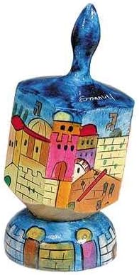 Jerusalem Hand Painted Large Wooden Dreidel and matching Stand by Yair Emanuel