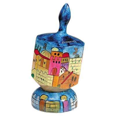 Jerusalem Hand Painted Large Wooden Dreidel and matching Stand by Yair Emanuel