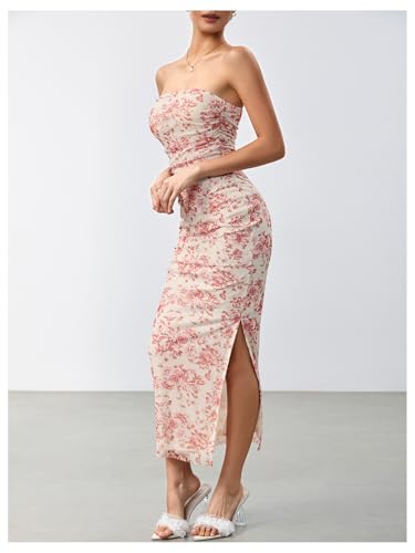 Image of Milumia Women's 2026 Summer Floral Bodycon Maxi Dress Strapless Tube Top Long Dresses Wedding Guest Party