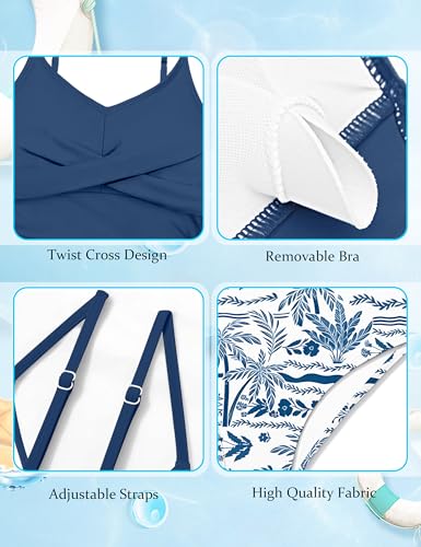 Image of Girls Swimsuit 2 Piece Bathing Suit Criss Cross Ruched Girl Tankini Sets Printed Girls' Swimwear for 9-18 Years