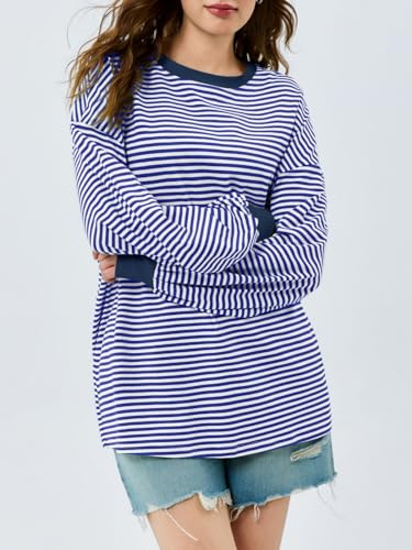 Tankaneo Womens Oversized Long Sleeve T Shirts Striped Color Block Cotton Tunic Tops Loose Fit Fall Crewneck Sweatshirt3