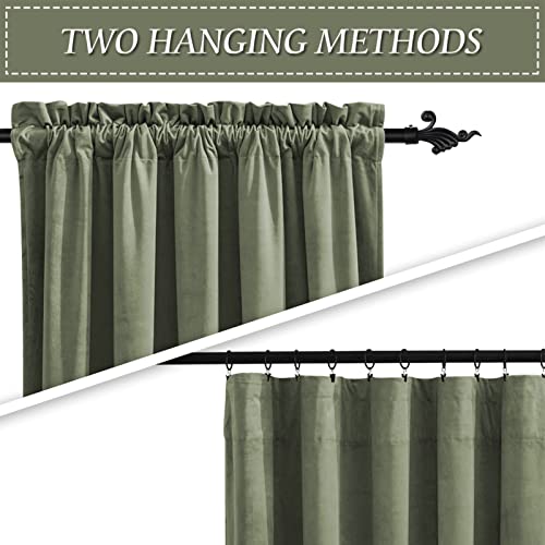 Image of RYB HOME Velvet Curtains 63 inches Long, Rod Pocket Soft Fabric Curtains & Drapes for Bedroom Cafe, Sage Green, W 42 x L 63, 2 Panels Set | Thermal Insulated, Privacy, Sunlight UV Heat Blocking, Laundry Office, Sage Green, W42 x L63, 2 Panels Set