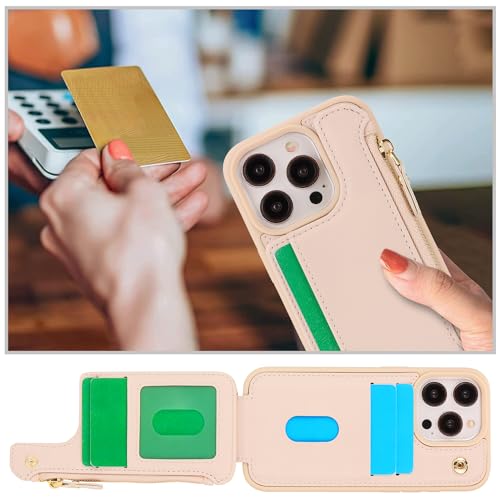 Image of Cavor for iPhone 13 Pro Case with Card Holder,for iPhone 13 Pro Wallet Case for Women Men,Leather Magnetic Clasp Zipper Pocket Protective Phone Cover-Cream