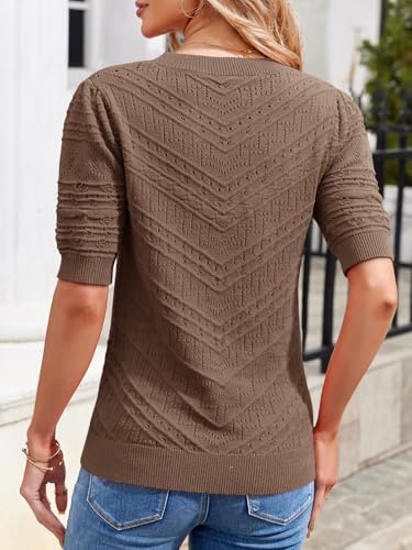 Image of Womens Puff Short Sleeve Sweater Summer Crew Neck Ribbed Knit Pullover Tops