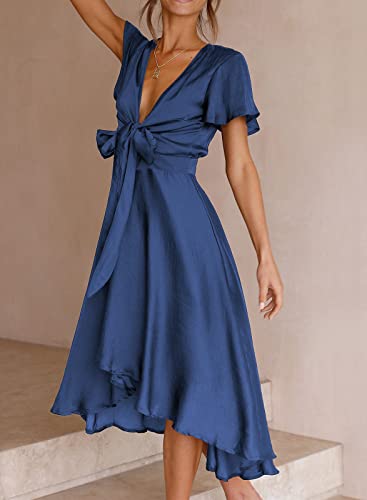 Image of miduo Womens Satin V Neck Ruffle Short Sleeve Tie Front High Waist Midi A-Line Maxi Dresses