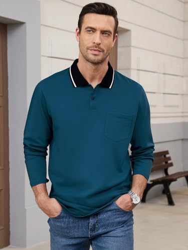 Men's Polo Shirts Long Sleeve Cotton Fashion Polos Tee Shirt Classic Basic Work Collared Shirt with Pocket3