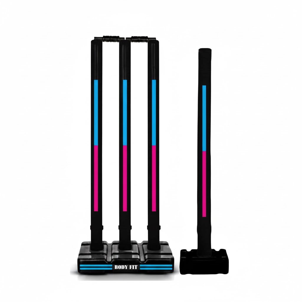 Bodyfit Premium Heavy Cricket Stumps | Plastic Wickets Set with 4 Stumps + 2 Bails + 2 Stands | Full Size Wickets for Cricket Ground, Tournament Wicket, Black-Multi-Blu.-image-35