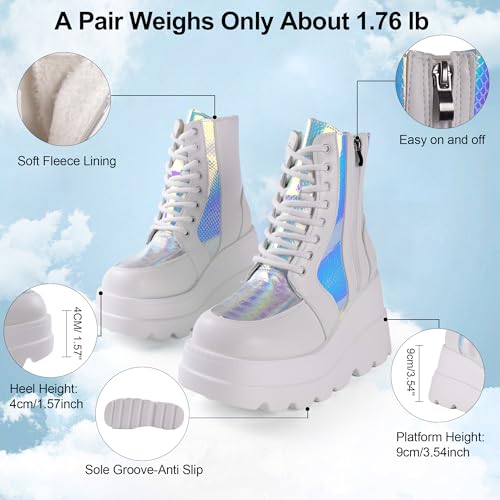 Image of Gothniero Platform Goth Ankle Boots for Womem Black Holographic Combat Chunky Heel Boots with Side Zip Lace Up Wedge Booties US5.5-11