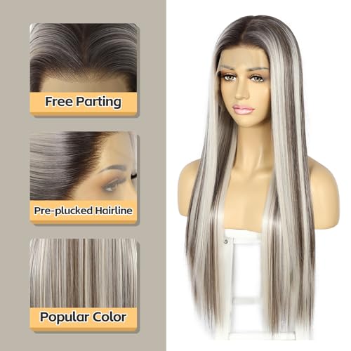 Sapphirewigs Highlight 13x6 Straight Lace Front Wigs Ash White Long Straight Wig for Women Lace Front Synthetic Hair 150% Density Party Daily Wear Heat Resistant 26inch - Image 3