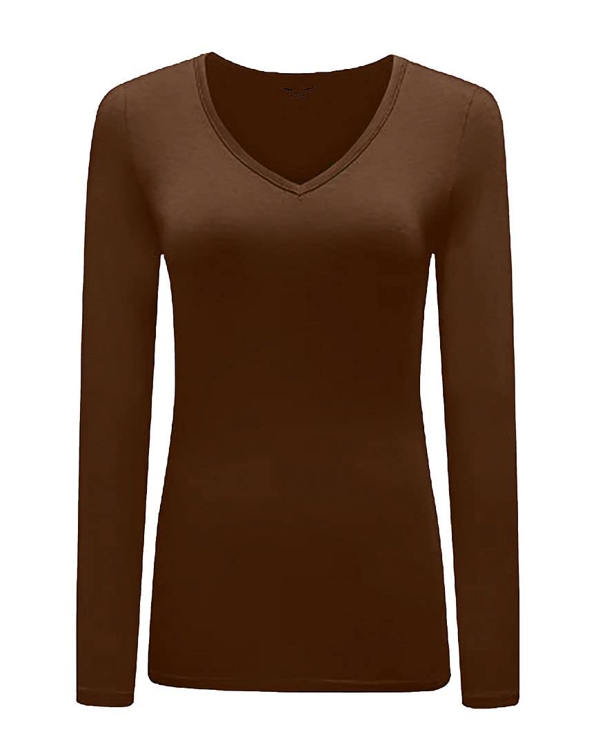 KATSSI Women’s Ladies Long Sleeve Stretch Plain V Neck T Shirt Top Brown