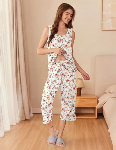 Image of Ekouaer Capri Pajama Sets for Women 2 Piece Soft Cute Pjs Round Neck Sleeveless Lounge Set for Summer Sleepwear S-XXXL