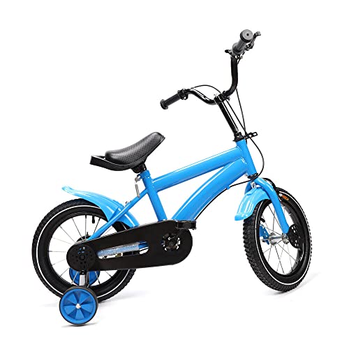 Fetcoi Bicicleta infantil unisex de 14 pulgadas, marco de acero al carbono con ruedas de apoyo, adecuada para niños de 3 a 6 años, marco ligero, conducción cómoda (azul) Cover
