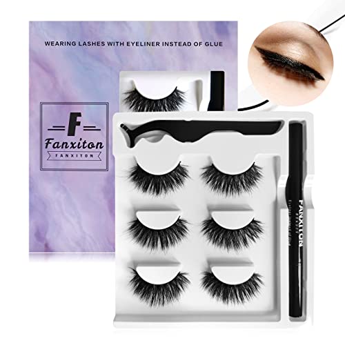False Eyelashes with Eyeliner Kit, FANXITON 3 Pairs Faux Fluffy Mink Eyelashes with Eyeliner - Strong Hold for Lashes - No Magnet and No Glue Needed