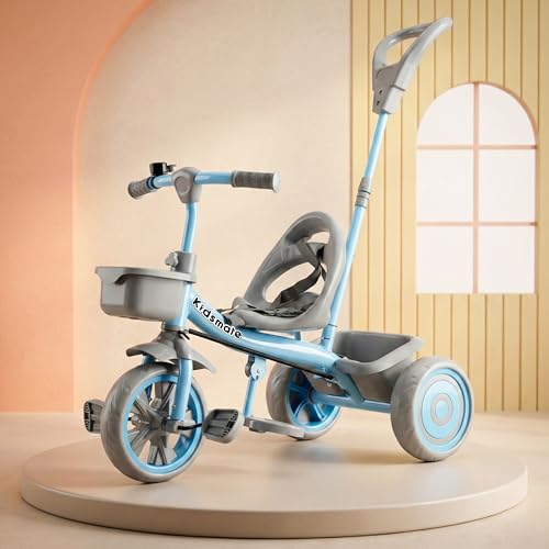 Image of Kidsmate Junior Tricycle for Kids with Parental Control | Cycle for Kids 1-4 Years | Baby Cycle | Bicycle with Storage Basket, Cushion Seat and Seat Belt Carrying Capacity 30 Kgs (Blue-Grey)