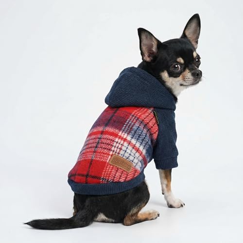 Fitwarm Tartan Plaid Dog Hoodie, Knitted Dog Clothes for Small Dogs Boy, Pet Sweater with Hood, Cat Fleece Lined Winter Outfit, Red, Navy Blue, Medium - Image 4