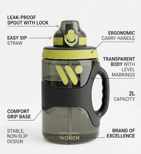 Image of WOBEN WATER BOTTLE 2200ml With Strap sports water bottle Portable Durable Gym Fitness Outdoor Climbing Picnics Drinking Bottle (Black)