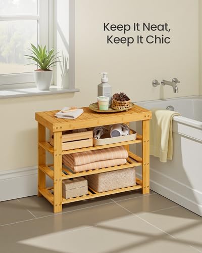 Image of SONGMICS Shoe Rack Bench, 4 Tier Bamboo Shoe Storage Organizer, Entryway Bench, for Living Room, Bathroom, Bedroom, 11.3 x 27.6 x 20.5 Inches, Light Bamboo ULBS370YL01