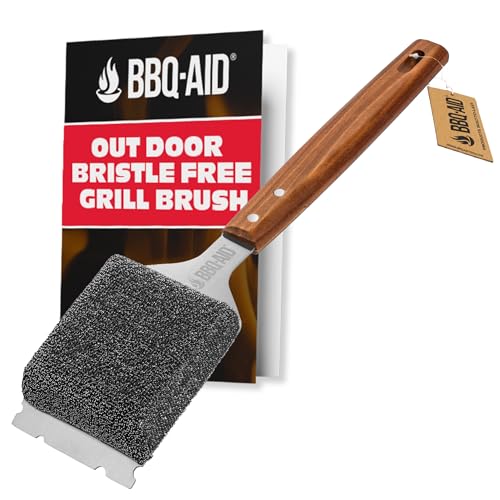 BBQ-AID Bristle Free Grill Brush and Scraper for Barbecue - Extended Large Wooden Handle With Replaceable Head - No Scratch BBQ Cleaning Accessories for Outdoor Grills