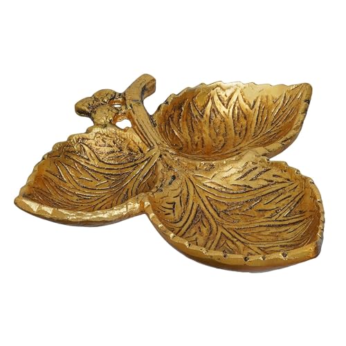 Image of KridayKraft Hand Crafted Metal 3 Part Leaf Shape Tray Perfect for Home Centre Table Serving Dry Fruits (Golden, Pack of 1)