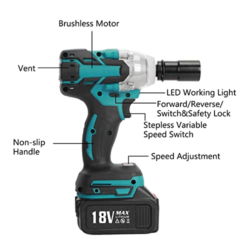 Gymnastika 18V Brushless Impact Wrench, Adjustable Speed Brushless Motor Wrench 13000 Mah Cordless Electric Max Torque Wrench For Car,Home(With 6 Socket) Us Plug #TOP5