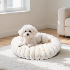 Donut Dog and Cat Bed, Luxurious Comfortable Faux Rabbit Fur Pet Beds, Round Anti-Anxiety Calming Puppy Kitten Bed with Anti-Slip Bottom for Small Medium Dogs & Cats(20″, White)