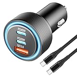 USB C Autoladegerät, 3-Port 65W Dual USB-C Auto Netzteiladapter PD/QC3.0 Schnellladen Zigarettenanzünder USB Ladegerät für iPhone 15/14/13 Pro Max, Samsung Galaxy S24/S23/S22 (Schwarz & Kabel)