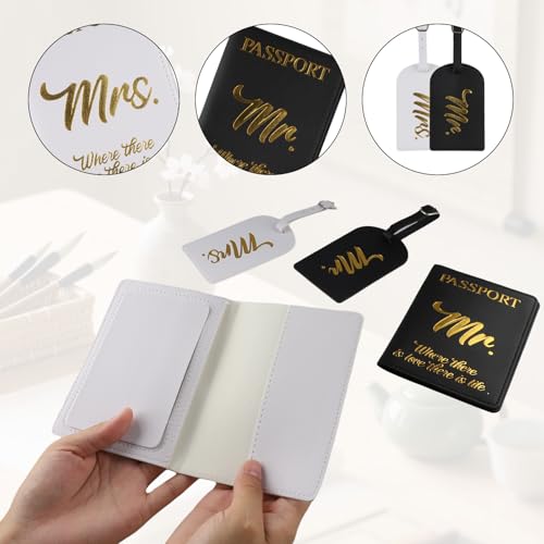 4 Pcs Mr and Mrs Passport Holder Luggage Tags Set, PU Leather Passport Covers Travel Gift for Bridal Wedding Honeymoon Couples4