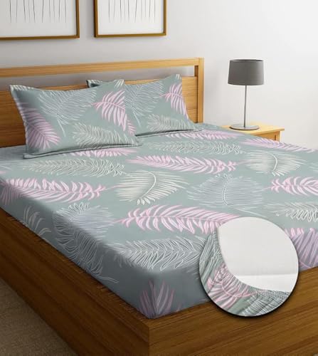 Image of NHD HOME Premium Cotton Floral Elastic Fitted Bedsheets with 2 King Size Pillow Covers | Double Bed with All Around Elastic 220 TC Supersoft |Size -72 King Sizex78+10 inches | Light Green & Pink
