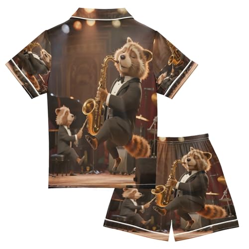 Satin Pajama Sets Short Sleeve Animals Playing Music on Stage Button Down Silky Nightwear 2 Piece PJS 5-14Y2