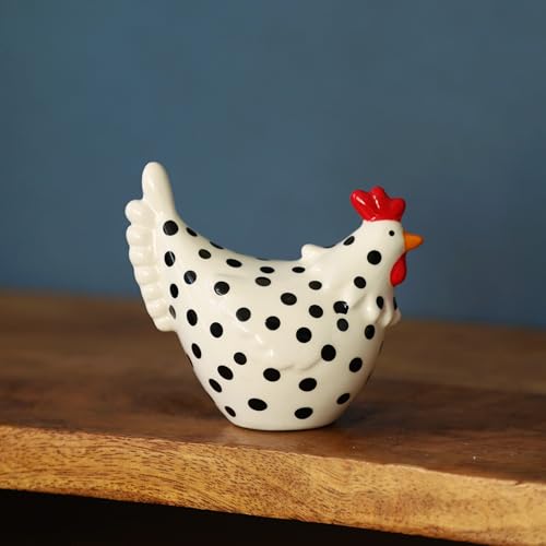 Ceramic Speckled Chicken Polka Dot Hen Shelf Sitter Ornament Decorative Home Figurine (Small White)
