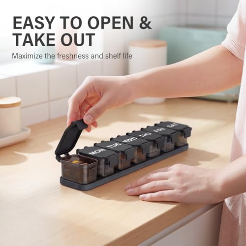 Image of Yaklim Extra Large Weekly Pill Organizer - Waterproof 7-Day Pill Box, Portable Vitamin & Supplement Case, Easy to Open Design, Ideal for Travel and Daily Medication Management (Black)