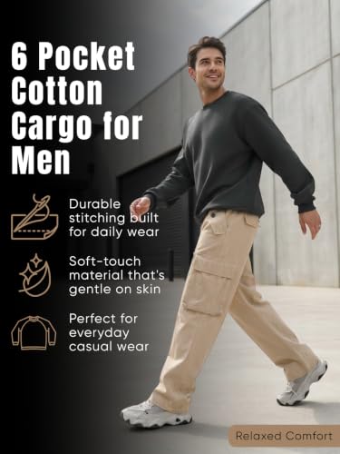 Image of GRECIILOOKS Men's Cargo Pants | 6 Pocket Cotton Cargo Joggers for Men | Loose Fit Stylish Pant with Pockets | Casual Baggy Trousers & Streetwear Lower