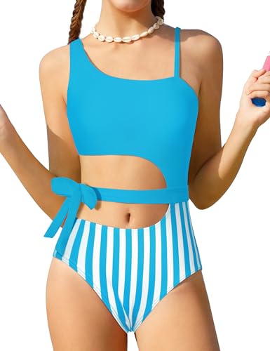 AGAPENG Girls Swimsuit One Piece Swimsuits Girls Bathing Suits Size 8-10 One Shoulder Stripe Bathing Suit with Ruffle Mesh Skirt Side Tie Cut Out Girls' Swimwear 9-10 Blue