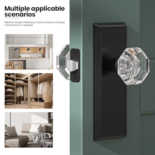 Image of Glass Door Knobs for Interior Doors - Vintage Crystal Passage Closet & Hallway Door Knob - Diamond Cut Door Handle - Matte Black Finish (1 Pack 7 Inch Height)
