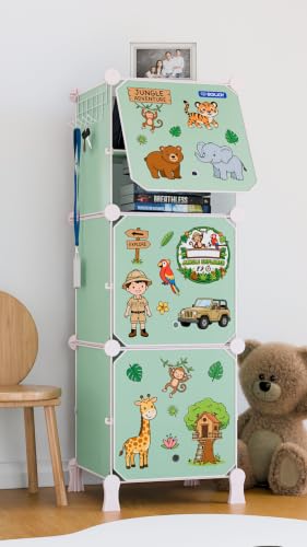 Image of BOXJOY 6 Shelf Plastic Kids Wardrobe with 3 Doors, Sticker Sheet & Holder | Foldable Bedroom Almirah Organizer with Wooden Hammer Collapsible Almira Clothes Storage Rack Cupboard for Baby Cloth (Green)