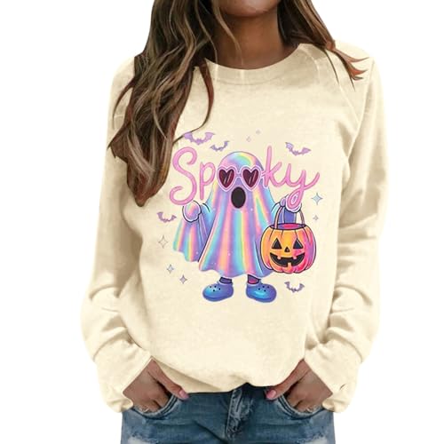 Womens Plus Size Halloween Costumes Spooky Season Long Sleeve Pumpkin Graphic Scary Shirts Cute Dancing Skeleton Black Cat Tunic Blouses Women's Casual Carnival T Shirts, Beige, XXL